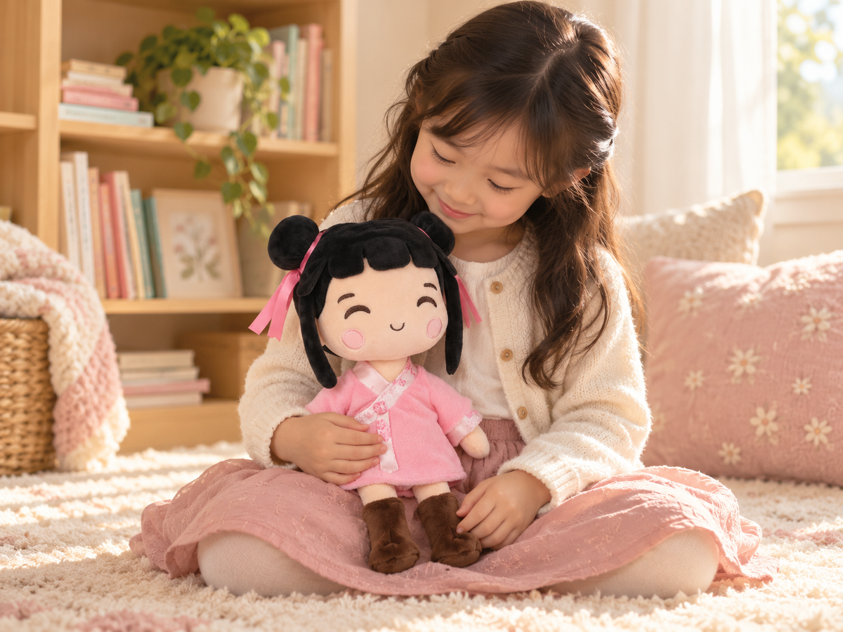 A child cuddling Nini in her lap in a cozy reading corner